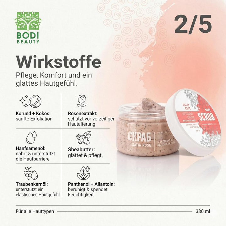 Satin Rose Body Scrub & Körperpeeling 330 ml – Korund, Kokospulver, Rosenextrakt, Sheabutter, D-Pant