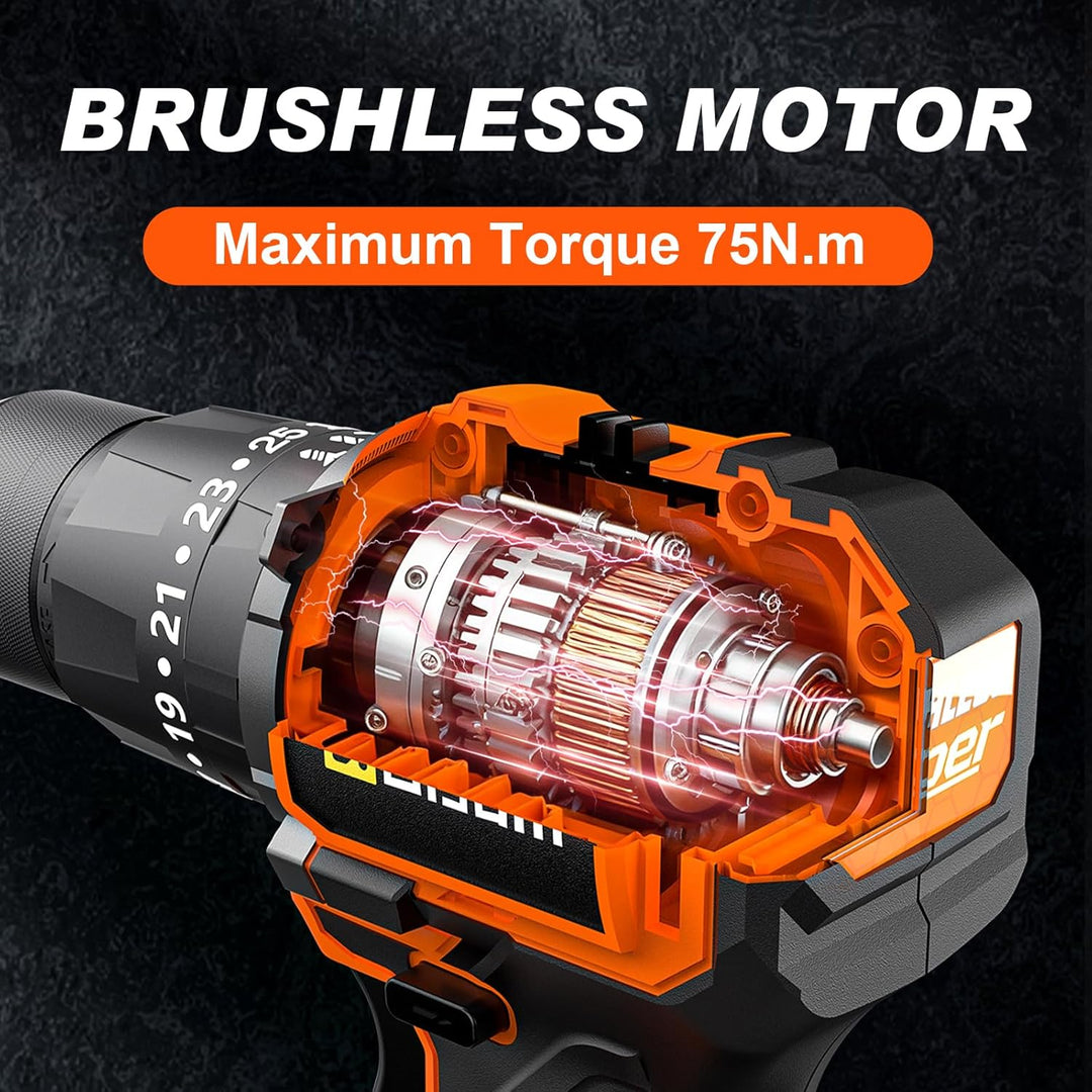 Akkuschrauber, 21V Akku Bohrschrauber Set mit 2 Akkus, 1200W Brushless-Motor Akkubohrer 75Nm, 25+3 D