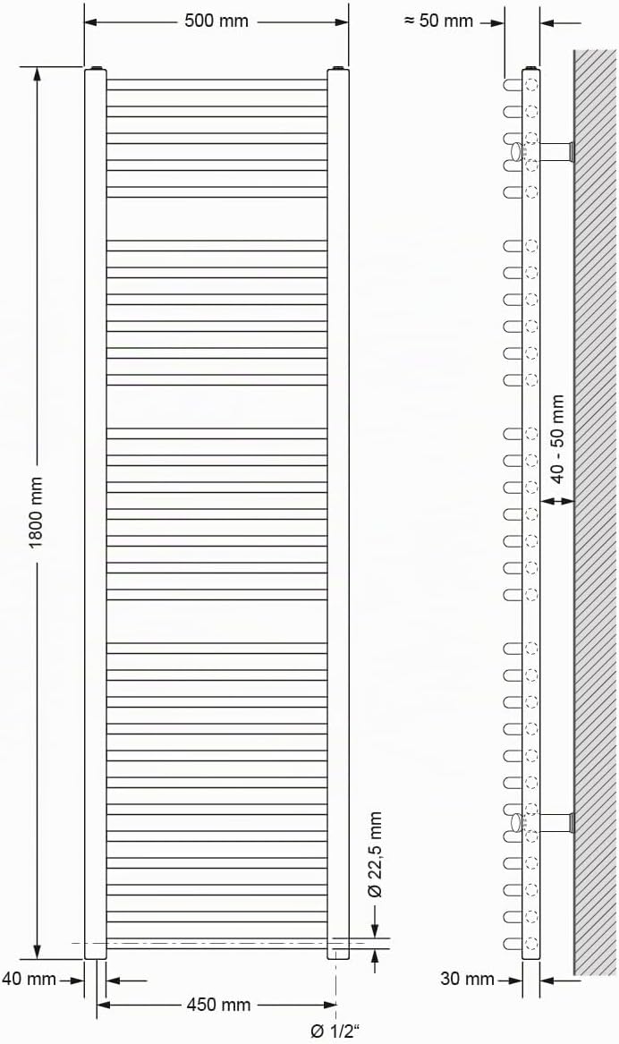 ECD Germany Badheizkörper Elektrisch mit Heizstab 900W Grosse Leistung - 500 x 1800 mm - Weiss - geb