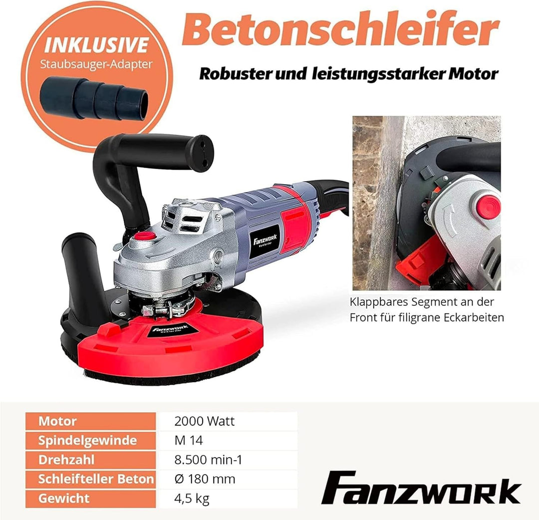 FANZWORK Betonschleifer Betonfräse Set mit Diamantschleiftopf und Absaughaube (2000W/180mm), 2000W/1