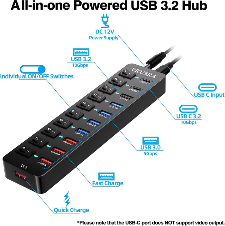 USB Hub mit Netzteil, VKUSRA 11-Port USB C 3.2 Hub mit 10Gbps USB-C 3.2 Datenports*2 und USB 3.2 Dat