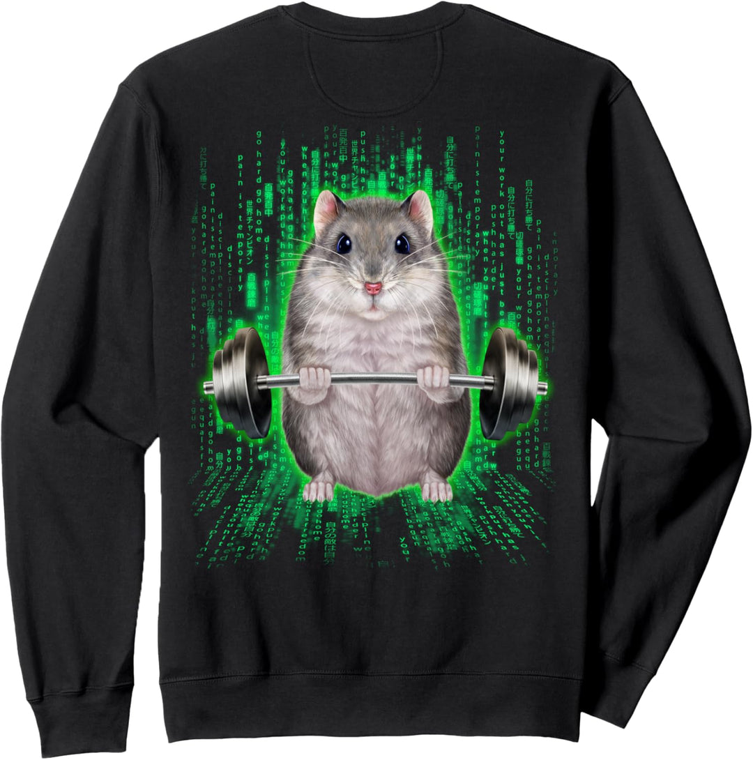 Zwerghamster, der Gewichte im Cyber-Fitnessstudio hebt Sweatshirt