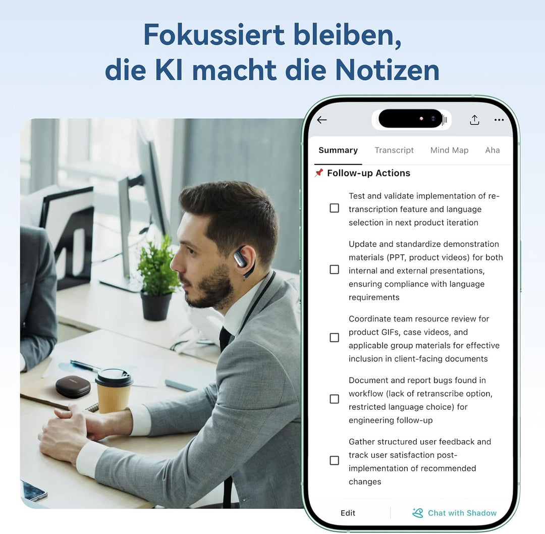 Mobvoi TicNote Pods Wearable KI-Sprachrekorder mit Auto-Transkription &amp; Meeting-Notizen, Wi-Fi – Spr