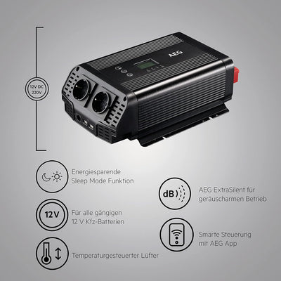 AEG Automotive Sinus-Spannungswandler 600 W, 12 V DC auf 230 V AC, mit App-Steuerung, Lüftersteuerun