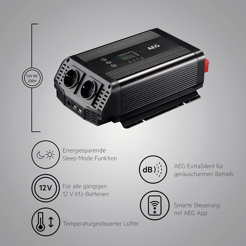 AEG Automotive Sinus-Spannungswandler 600 W, 12 V DC auf 230 V AC, mit App-Steuerung, Lüftersteuerun