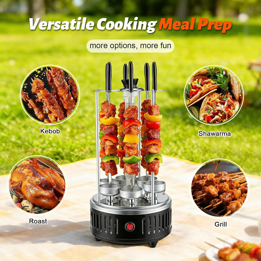 Elektrischer BBQ Tischgrill Vertikalgrill aus Edelstahl, Schaschlikgrill mit 12 Spiessen und 2 Glasr