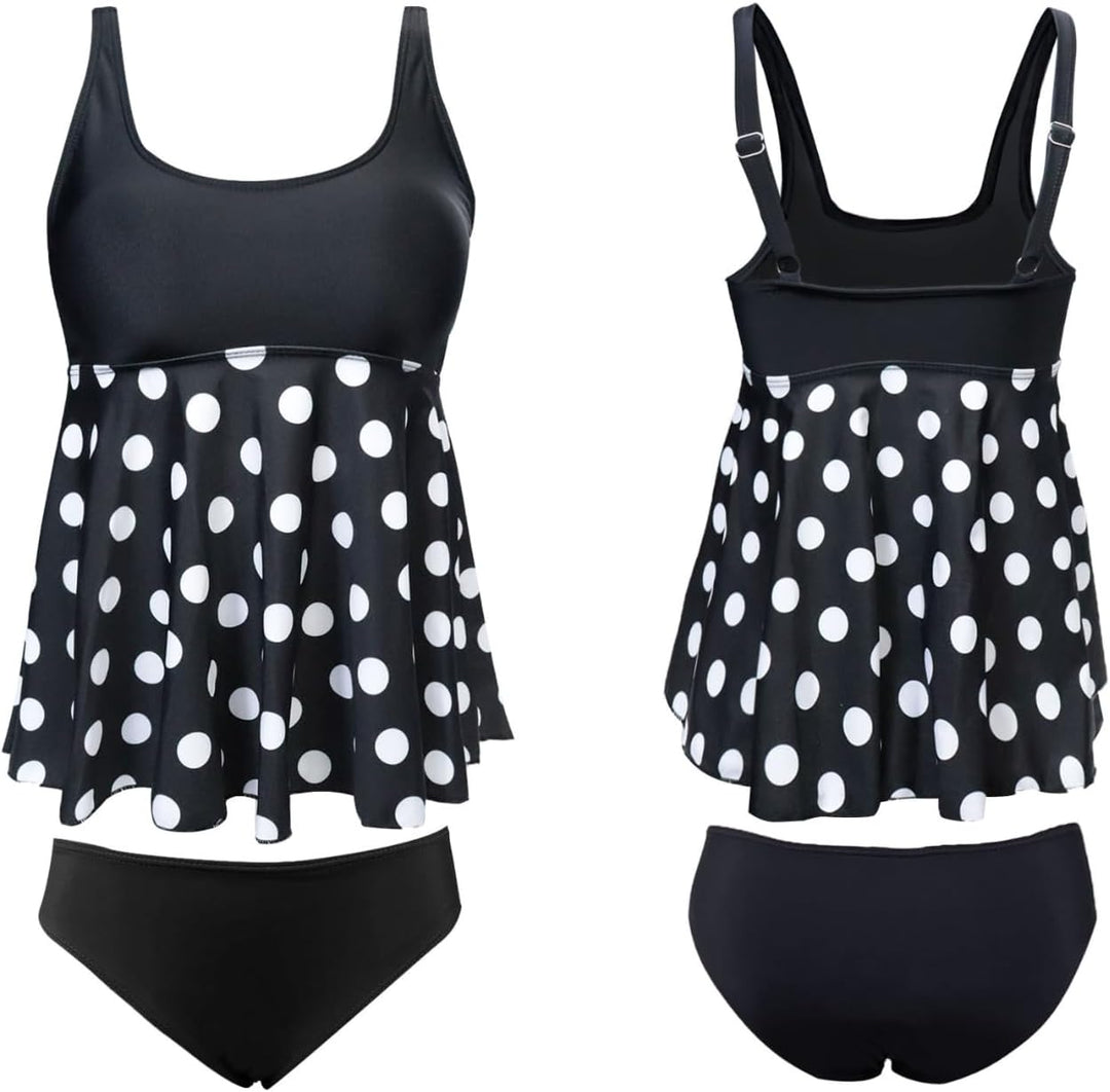 JFAN Tankini Damen Badeanzug Damen Bauchweg mit Rüschen Badekleider und Bikinihose L Polka-punkte, L