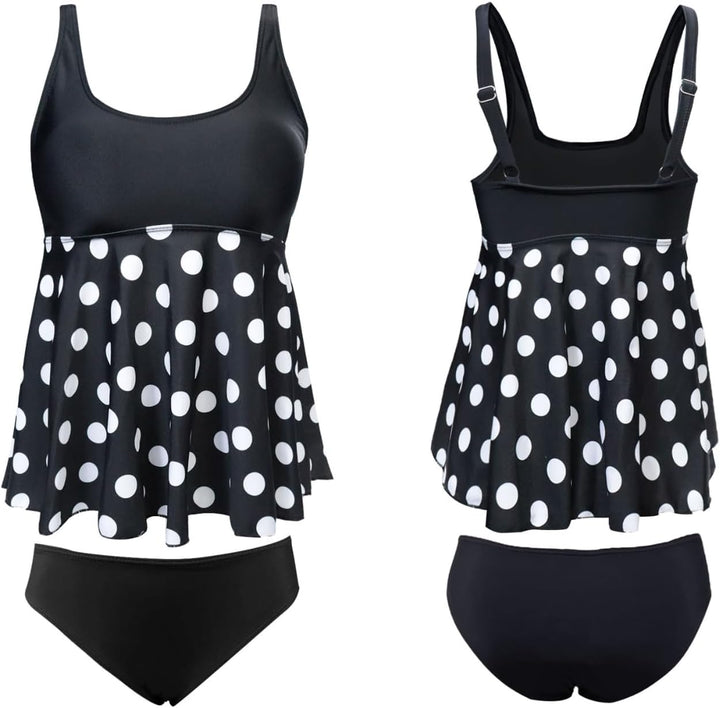 JFAN Tankini Damen Badeanzug Damen Bauchweg mit Rüschen Badekleider und Bikinihose L Polka-punkte, L