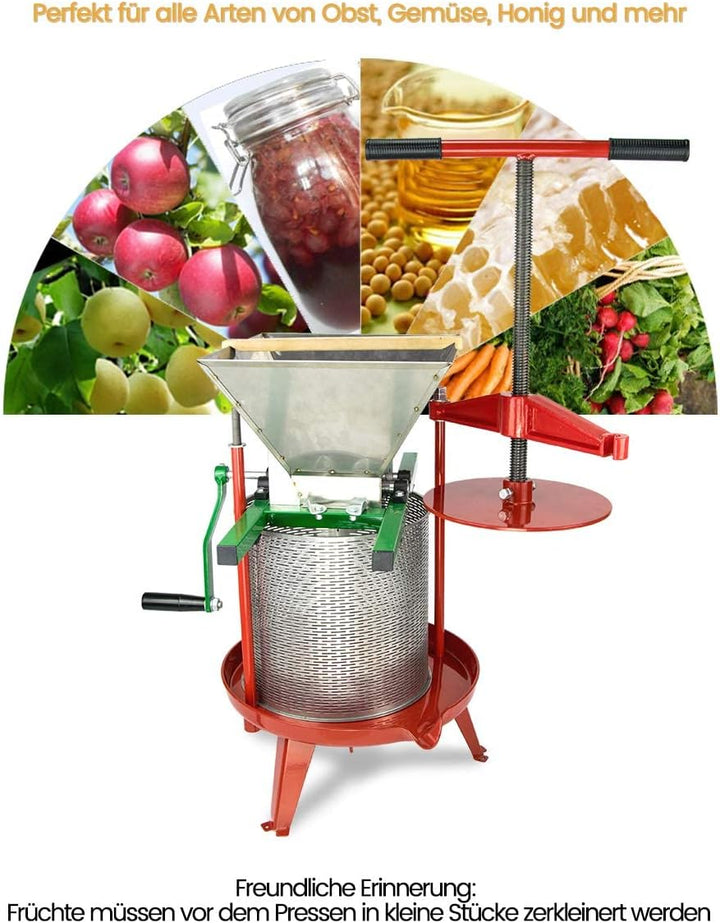 9L Spindel Obstpresse Apfelpresse Fruchtpresse aus Edelstahl mit T-Griff für Selbst Gemachten Natürl