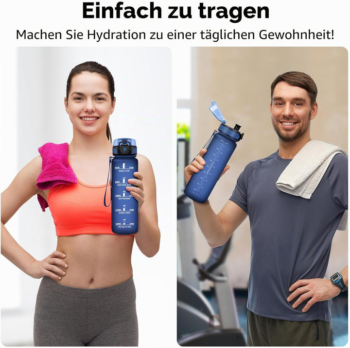 Trinkflasche 500ml/1L, Trinkflasche mit Zeitmarkierung und Filter, Auslaufsicher Wasserflasche Kohle