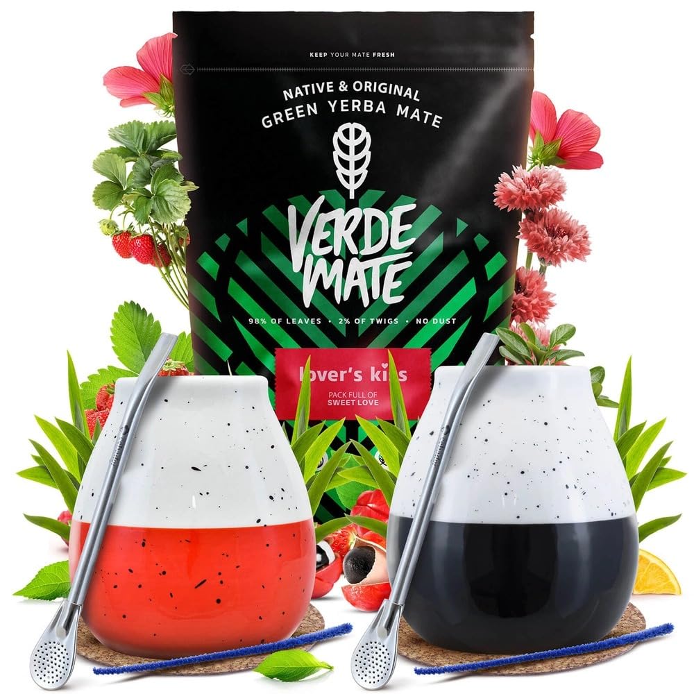 Verde Mate Mate Tee Set Lover's Kiss 400g - Yerba Mate Set für Zwei mit 2x Mate Becher 350ml und 2x