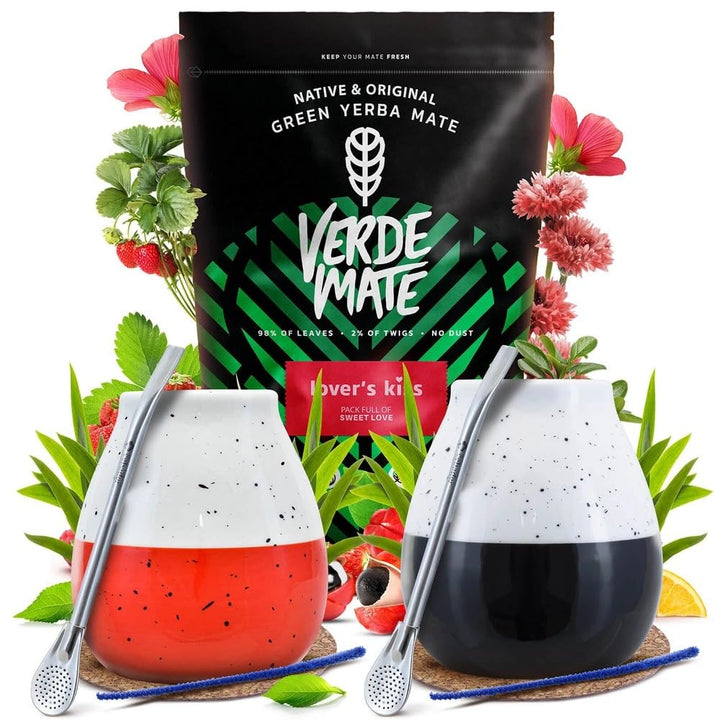 Verde Mate Mate Tee Set Lover's Kiss 400g - Yerba Mate Set für Zwei mit 2x Mate Becher 350ml und 2x