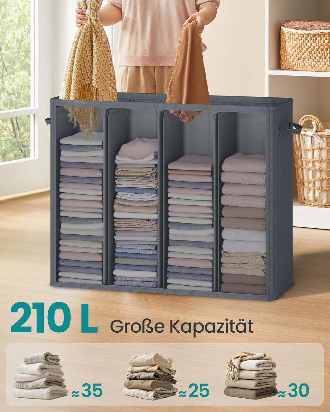 SONGMICS Wäschekorb mit 4 Fächern, 210 L, mit Deckel, 5 Etiketten, herausnehmbarer und waschbarer In