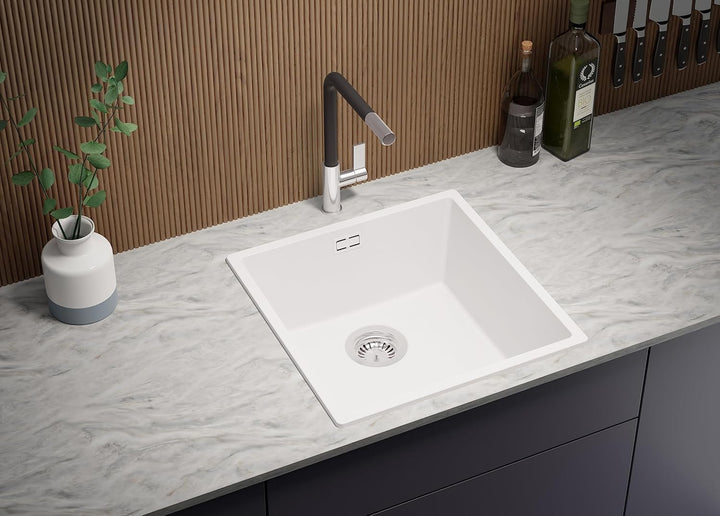 Spülbecken Weiss 46 x 47 cm, Granitspüle 1 Becken + Ablauf-Set + Küchenarmatur, Einbauspüle ab 50er