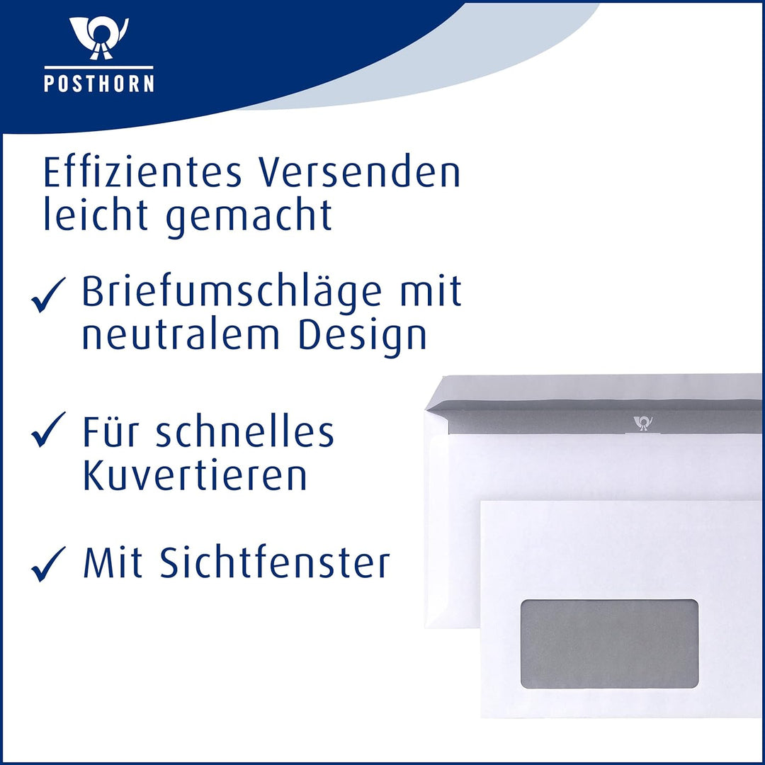 POSTHORN Briefumschlag DIN lang (1000 Stück), haftklebender Briefumschlag mit Fenster, weisse Briefu