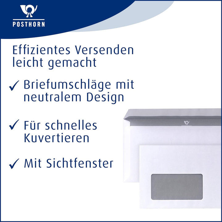 POSTHORN Briefumschlag DIN lang (1000 Stück), haftklebender Briefumschlag mit Fenster, weisse Briefu