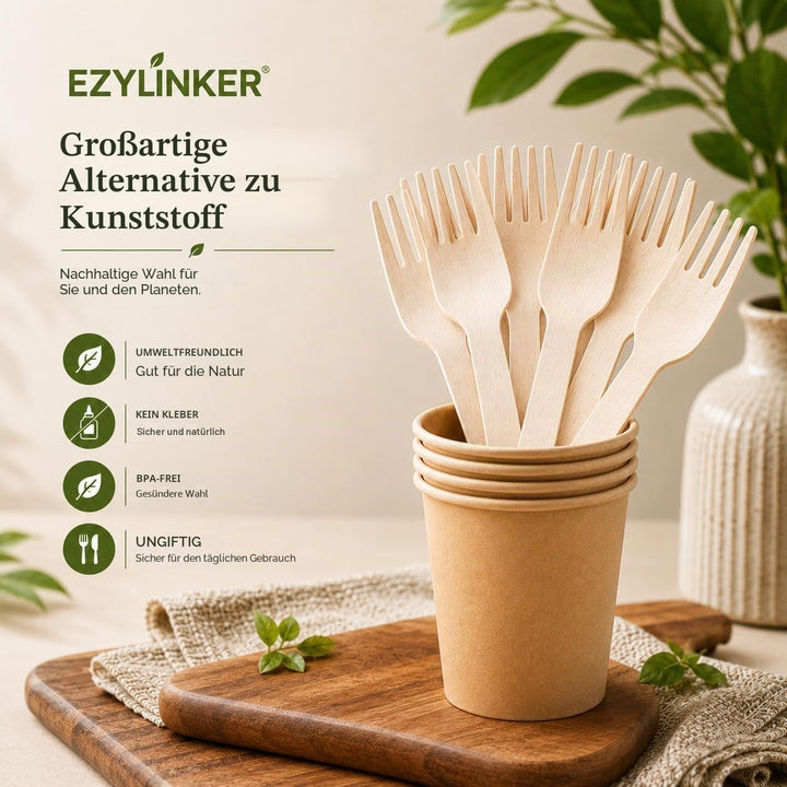 500 Holz Gabeln (Wooden Forks) Einwegbesteck Satz - Alternative zu Plastik Gabeln, Umweltfreundlich,