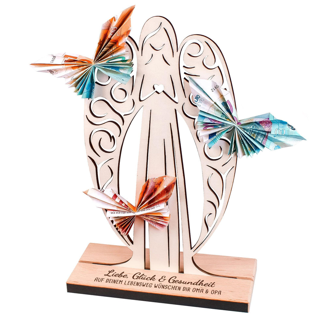 Schutzengel aus Holz zur Taufe, personalisierte Geld Engel Figur als Geschenk zur Geburt, Deko Holze