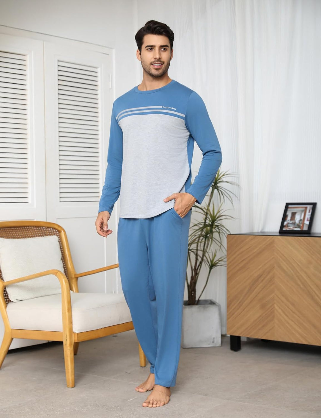 Schlafanzug Herren Lang Pyjama Winter Baumwolle Nachtwäsche Set Männer mit Knöpfen XXL Blau_1, XXL B