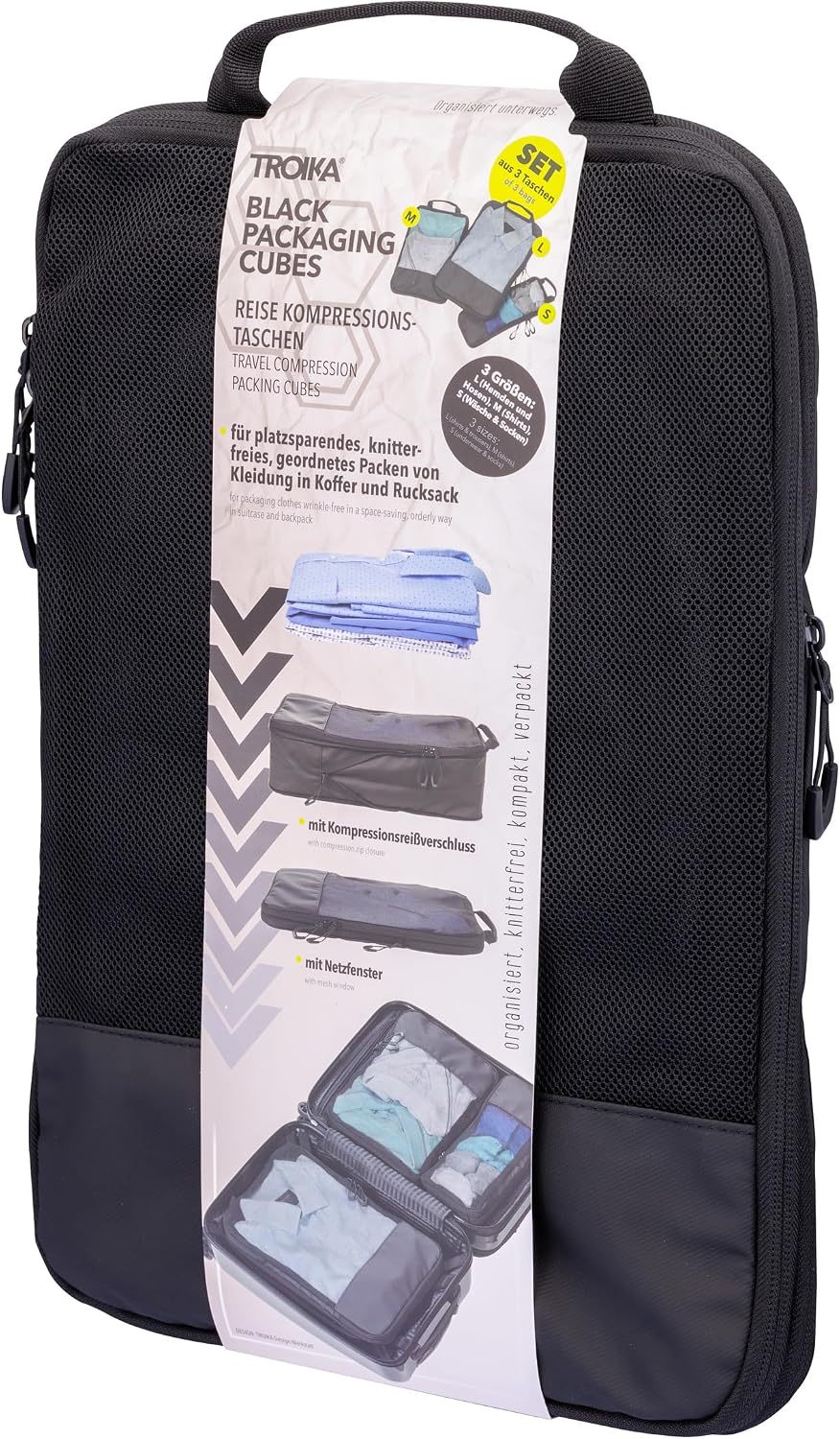 Reise-Kompressionstaschen Set – TROIKA BLACK PACKING CUBES – 3 Packtaschen mit zusätzlichem Kompress