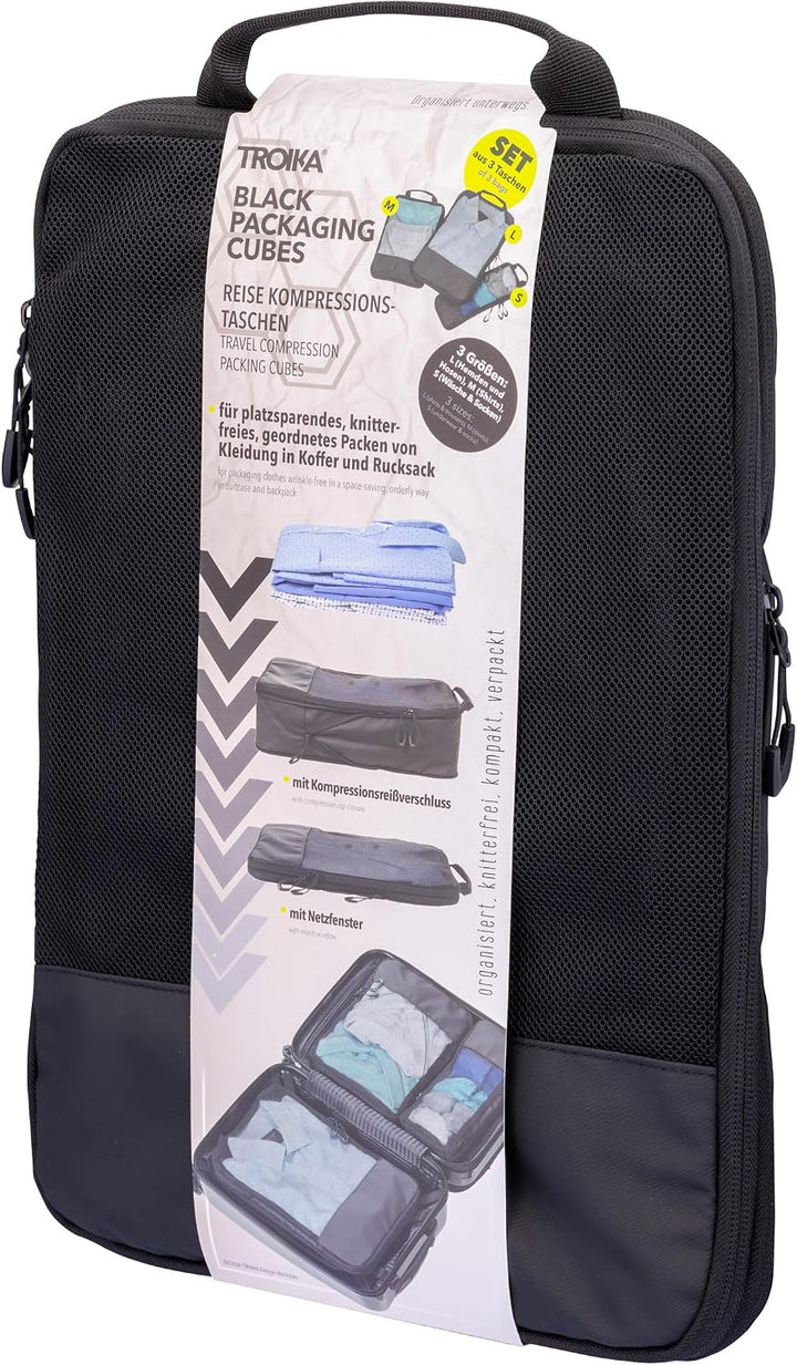 Reise-Kompressionstaschen Set – TROIKA BLACK PACKING CUBES – 3 Packtaschen mit zusätzlichem Kompress