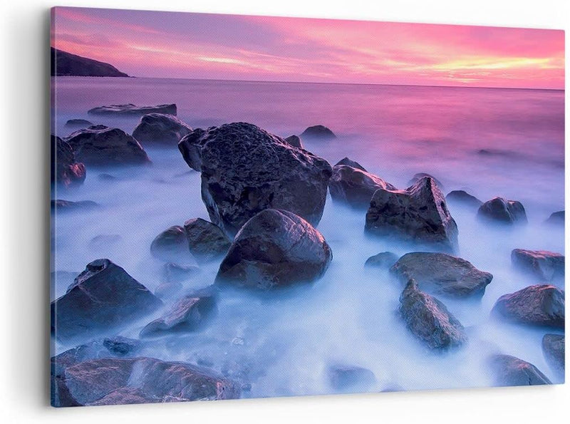 Bilder auf Leinwand 100x70cm Leinwandbild Strand ufer wolken dämmerung Gross Wanddeko Bild Schlafzim