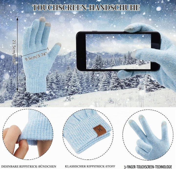 ZASFOU Damen Winter Mütze Schal Touchscreen Handschuhe Set Thermo Beanie Wintermütze Strickmütze Sch