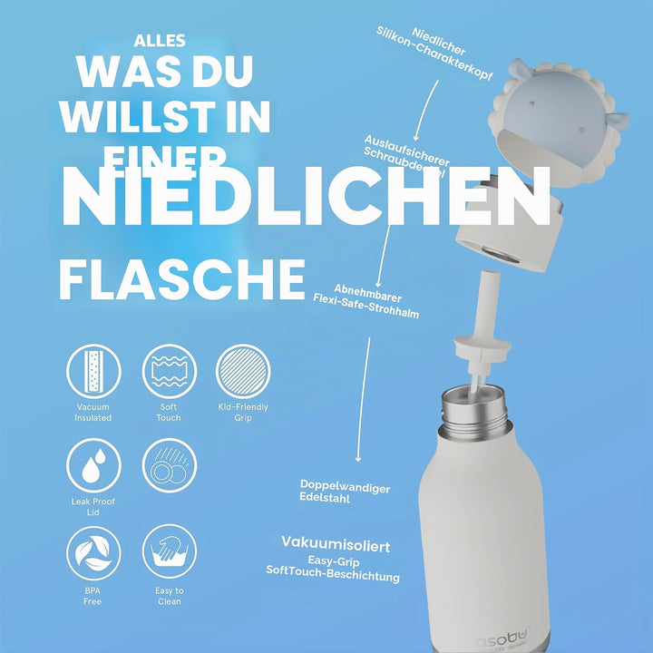 ASOBU Bestie Kindertrinkflasche mit Strohhalm – Isolierte Edelstahlflasche 420ml mit Schafskopf – Au