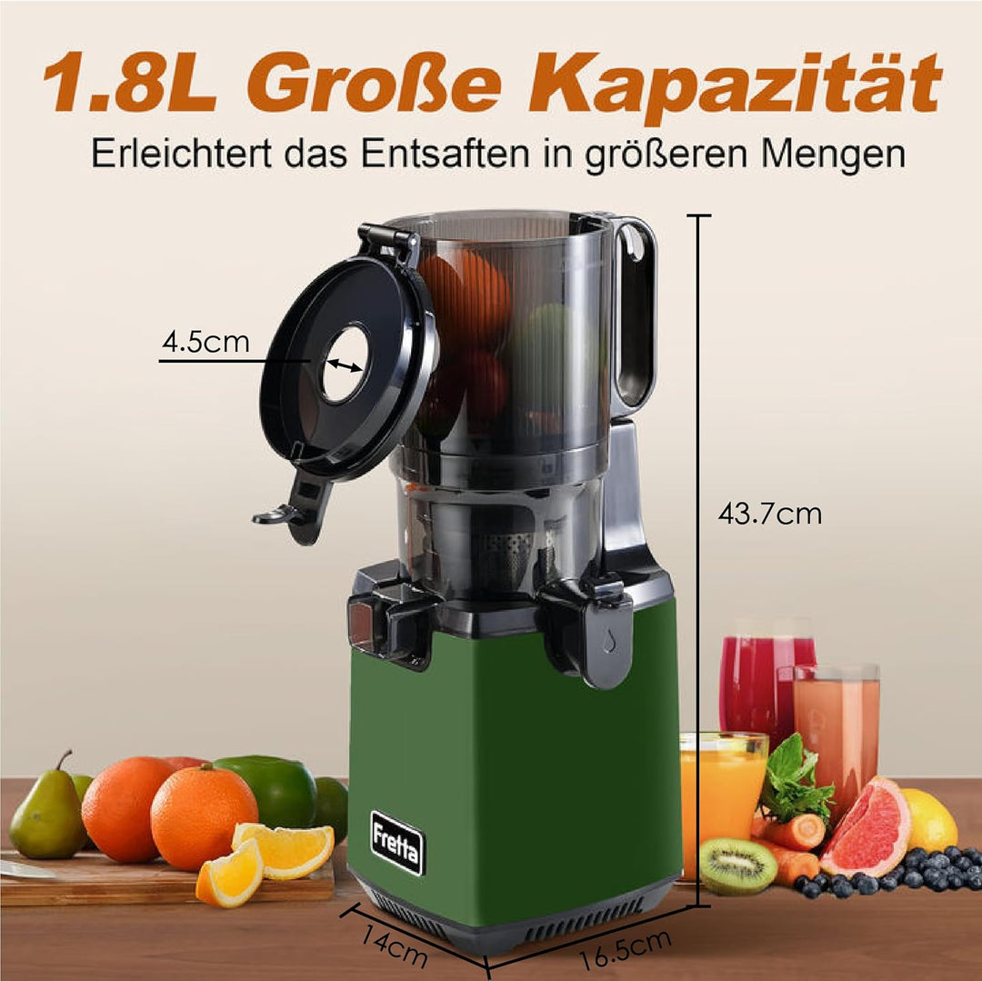 Fretta Entsafter Slow Juicer Testsieger, Entsafter Gemüse und Obst, 135MM Öffnung und 1,8L Juicer Ma