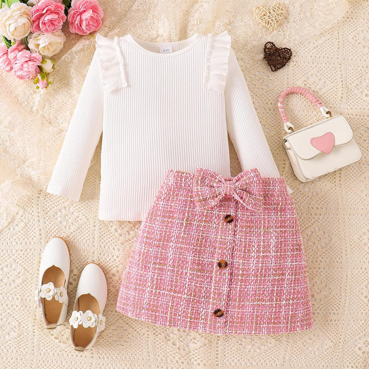 Baby Kinder Mädchen Kleidung Set Ruffle Gerippt Langarm Top Fliege karierten Rock 2PCS Frühling Herb