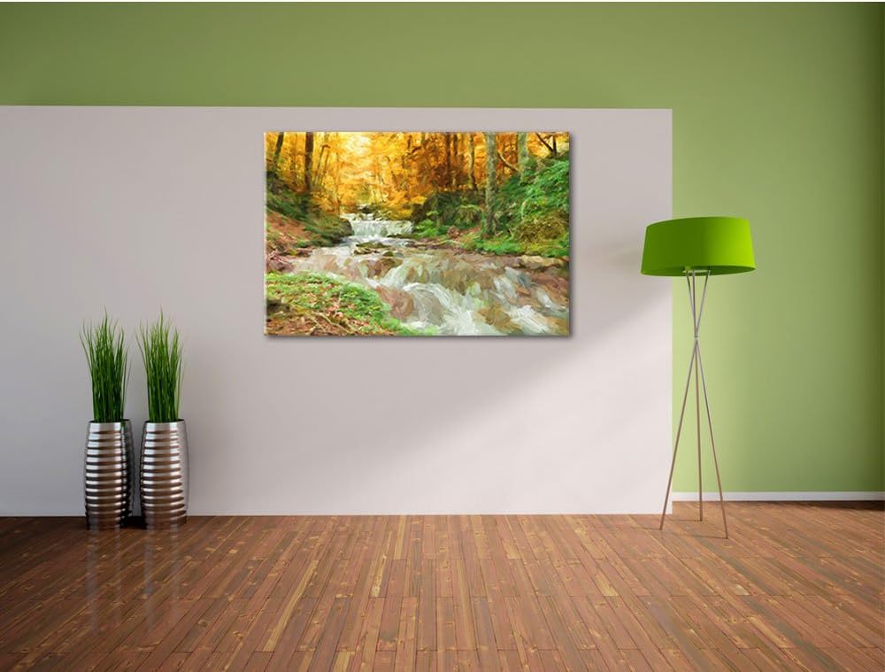 Pixxprint Waldbach im Herbst als Leinwandbild/Grösse: 100x70 cm/Wandbild/Kunstdruck/fertig bespannt,