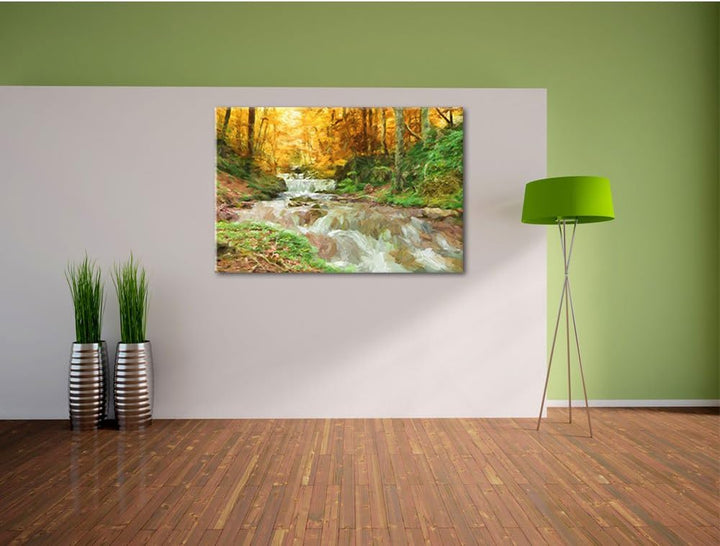 Pixxprint Waldbach im Herbst als Leinwandbild/Grösse: 100x70 cm/Wandbild/Kunstdruck/fertig bespannt,