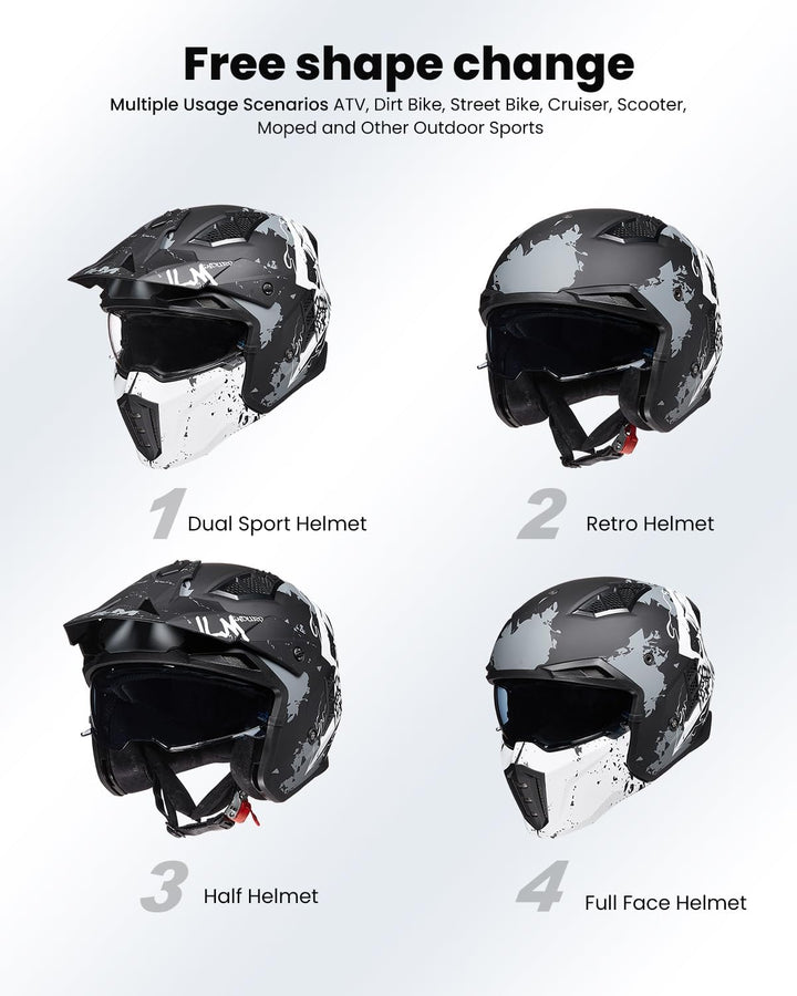 ILM Helm Motorrad Motocross Herren Damen Vintage Retro mit Visier ECE Model Z302,Schädel Matt, XL XL