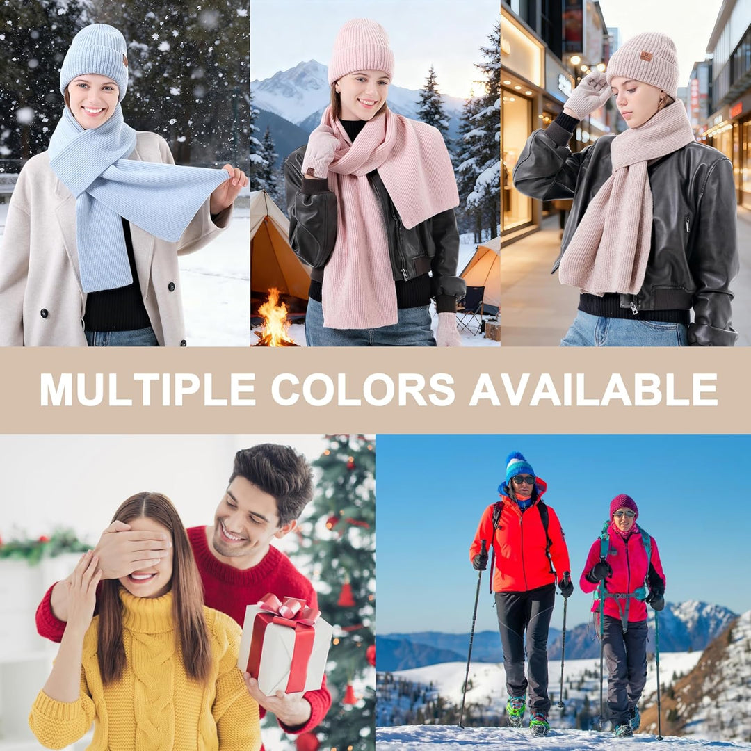 ZASFOU Damen Winter Mütze Schal Touchscreen Handschuhe Set Thermo Beanie Wintermütze Strickmütze Sch