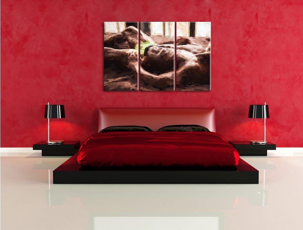 Pixxprint Muskulöser Mann im Bett Kunst Pinsel Effekt 3-Teiler Leinwandbild 120x80 Bild auf Leinwand