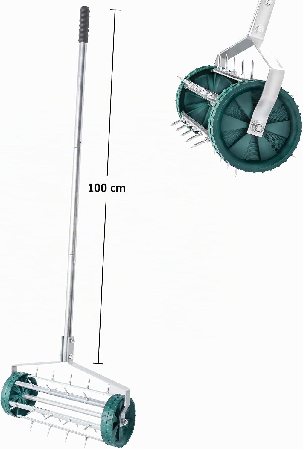 UPP rollender Rasenlüfter mit Stiel | Handvertikutierer mit 27 Nägeln (3,5cm) für die Rasenpflege |