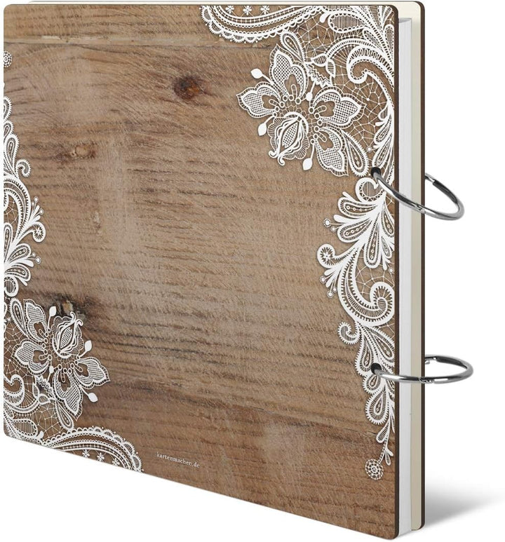 Hochzeit Gästebuch Holzcover - Rustikal Motiv - Quadratisch, 215x215mm, 72 Blatt / 144 Naturpapier I