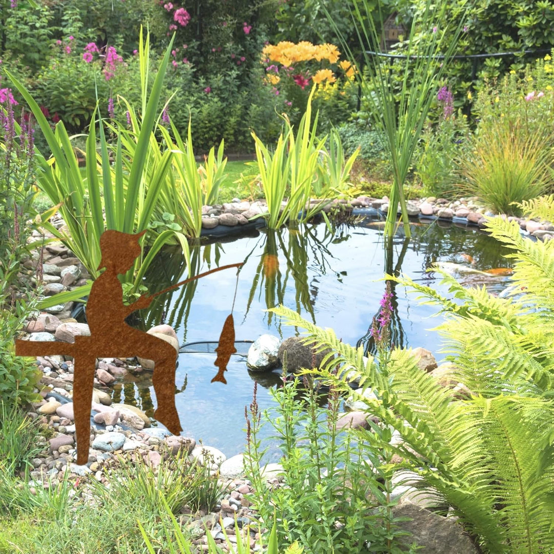 MM Steel Styles Edelrost Angler Gartenstecker-einfach einsteckbare Rostdeko aus hochwertigem Cortens