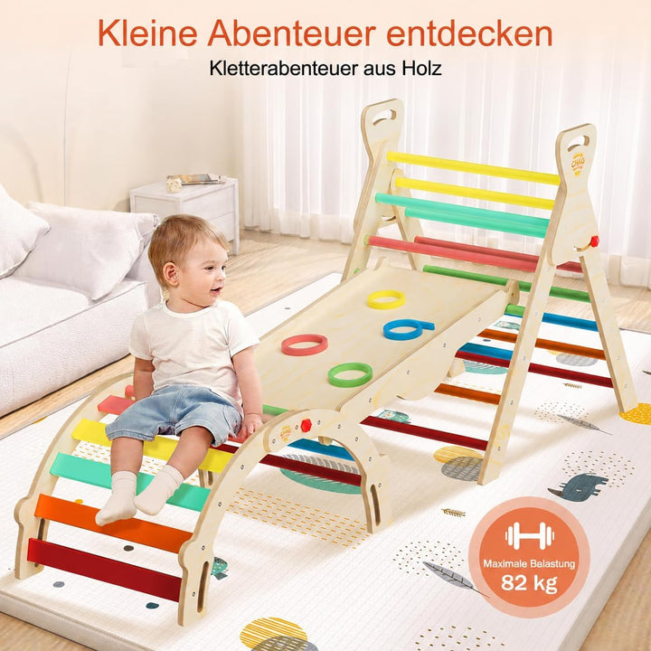 Pikler Dreieck 8-in-1 klappbar, Montessori Klettergerüst Indoor aus Holz mit Rutsche, Kletterbogen u