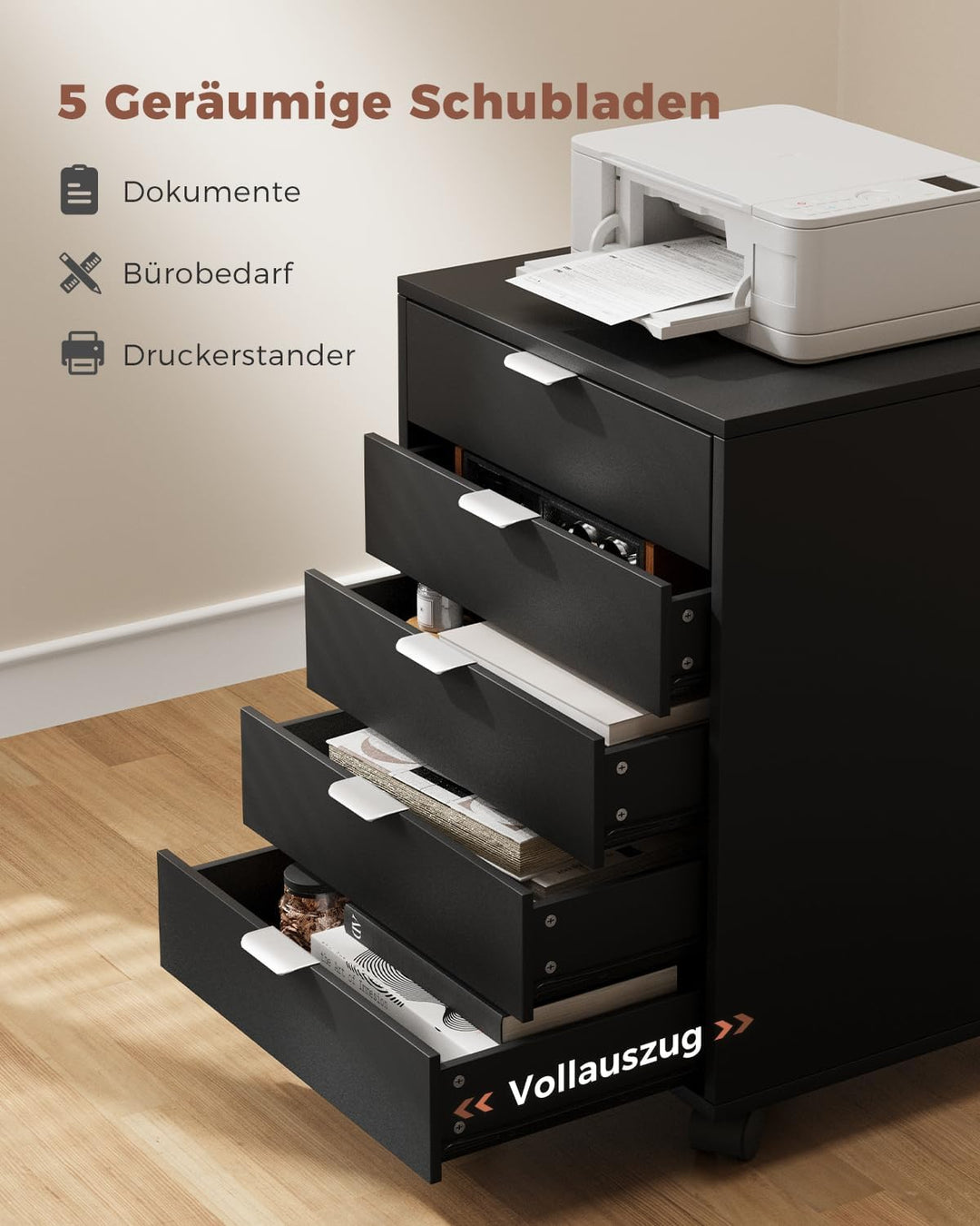 ELUCHANG Schubladenschrank, Rollcontainer, Mobiler Aktenschrank mit 5 Schubladen, Unter Schreibtisch