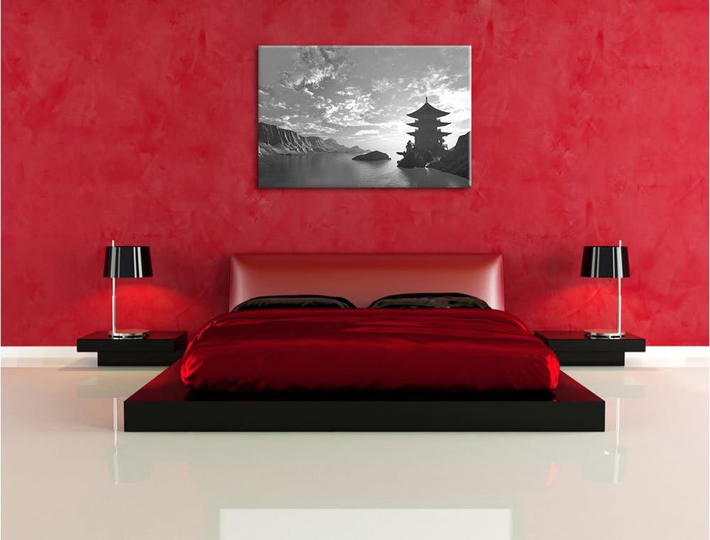 Pixxprint Tempel in grossem Tal B&W / 100x70cm Leinwandbild bespannt auf Holzrahmen/Wandbild Kunstdr