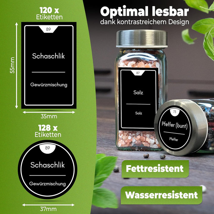 Gewürzgläser eckig [36 x 125ml], Luftdichte Gewürzgläser mit Streueinsatz + 248 wasserfeste Gewürzet