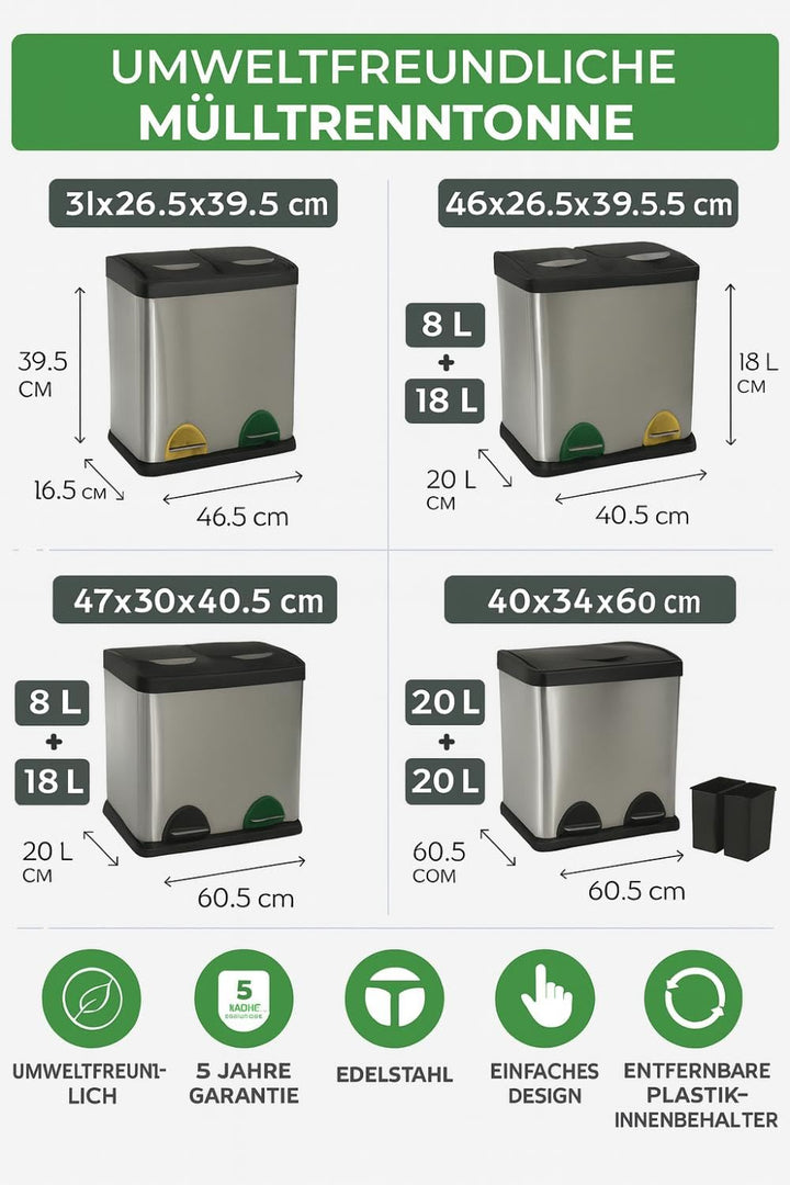 MSV Mülleimer Mülltrennsystem 60 L (3x20 Liter) mit Inneneimer grosse Abfallbehälter Abfalleimer Tre