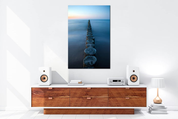 Buhnen an der Ostsee im Format: 100x70 als Leinwandbild, Motiv fertig gerahmt auf Echtholzrahmen, Ho