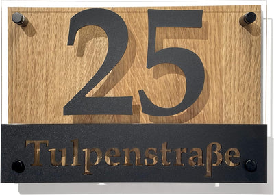 Hausnummer-Schild Adressschild haus hauswand personalisiert holz eiche plexiglass 3d individuelles d