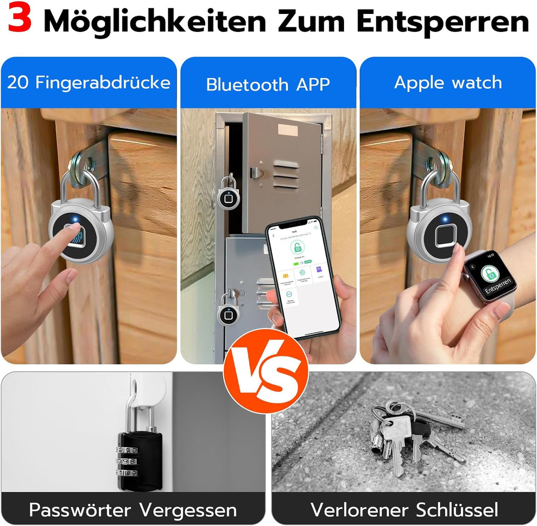 Eseesmart Vorhängeschloss Fingerabdruck, Smart Schloss Fingerabdruck Telefon-App Entsperren, IP65 Wa