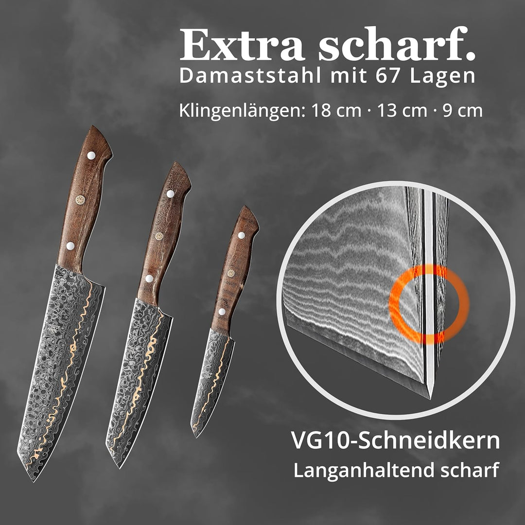Wakoli Kawa 3er Damastmesser Set aus 67 Lagen Damaststahl mit VG-10 Kern, Kupfereinlage und Ahornwur
