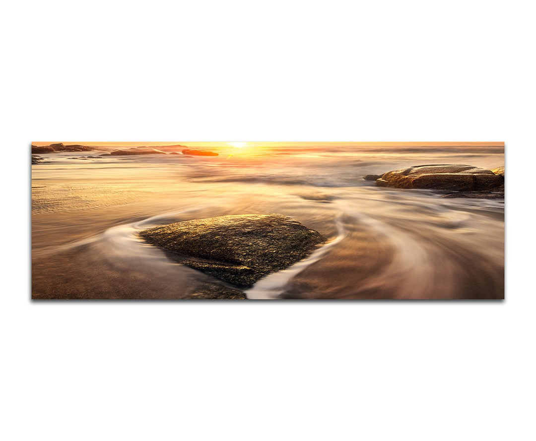 Paul Sinus Art Panoramabild auf Leinwand und Keilrahmen 150x50cm Meer Steine Felsen Dunst Sonnenaufg