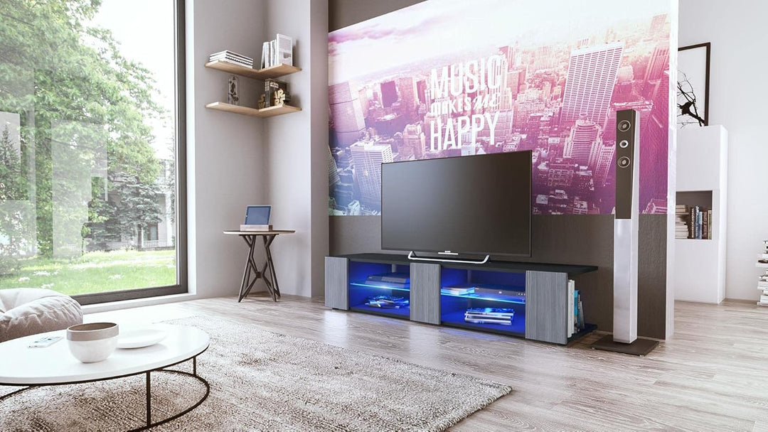 Vladon Lowboard Movie V2, TV-Kommode mit 6 offenen Fächern und Zierleisten, Schwarz matt/Avola-Anthr