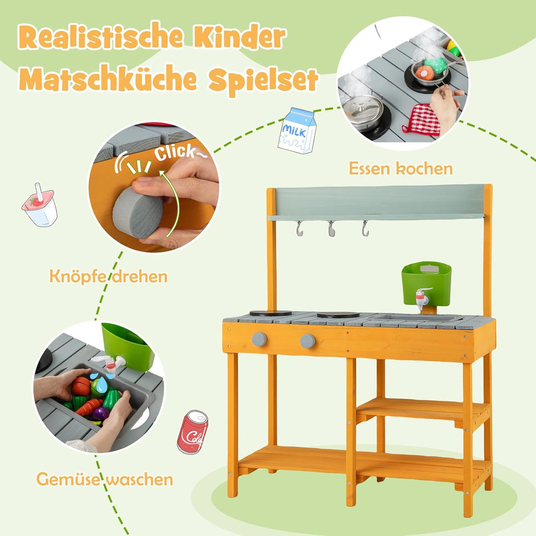 DREAMADE Matschküche Kinder Outdoor, Kinderküche mit Wassertank, Wasserhahn, Herd & abnehmbarem Rega